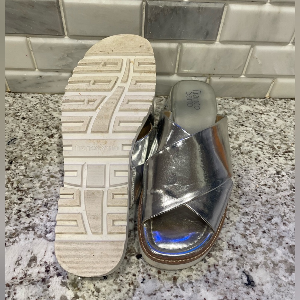 Franco Sarto Silver Cross Slides EUC - Picture 4 of 5